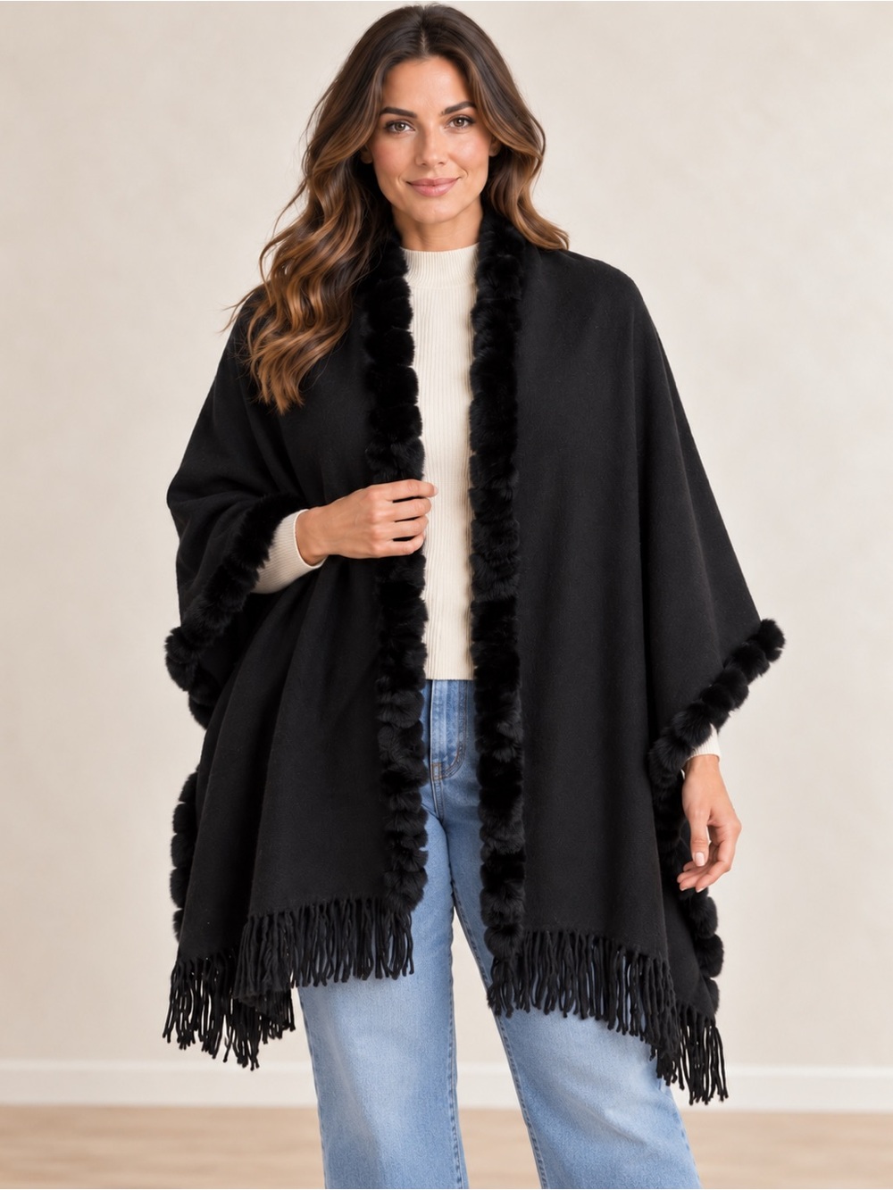La Fiorentina Wool Rabbit Fur Trim Black Wrap Shawl Ruana Fringe One Size